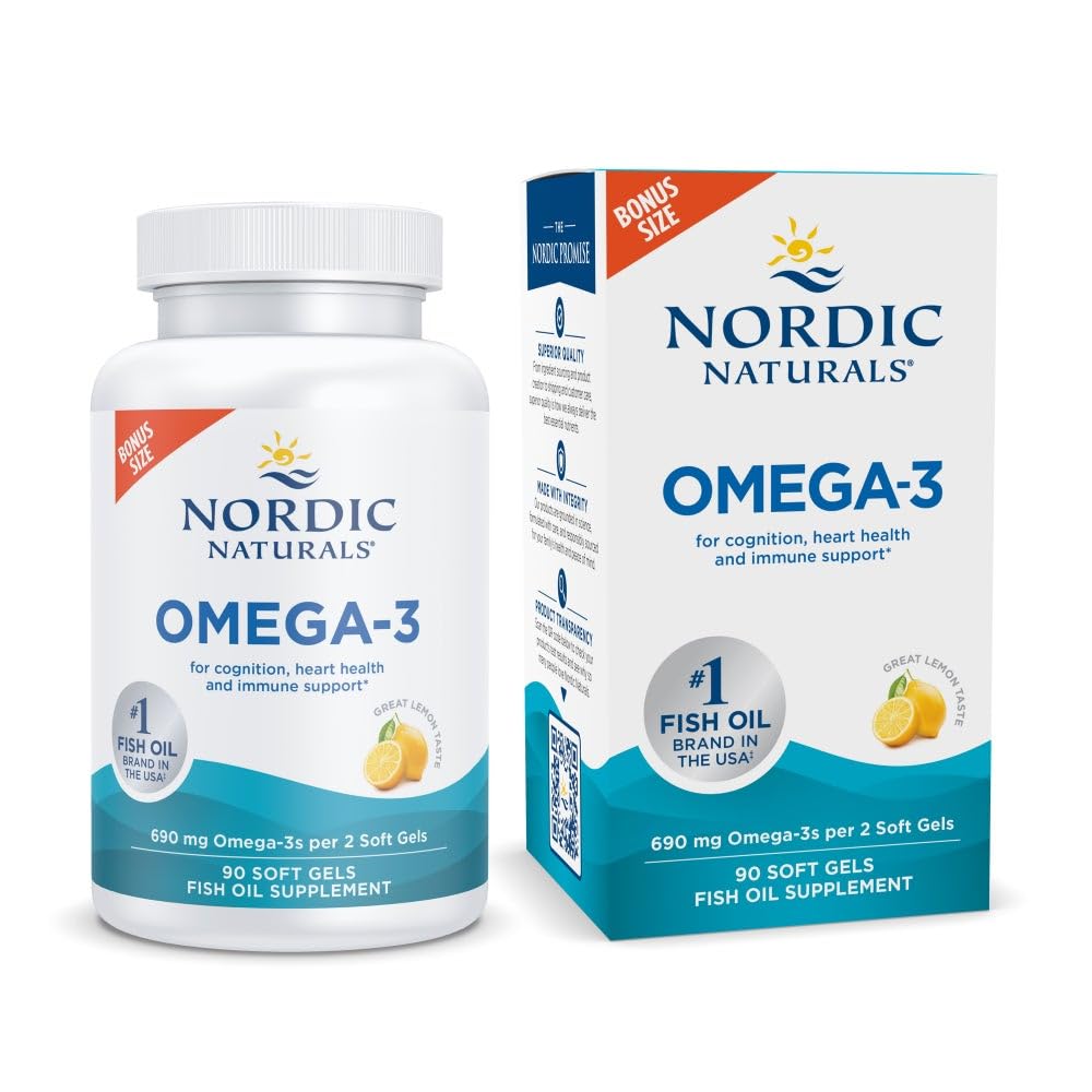 Nordic Omega-3, Lemon Flavor - 90 Soft Gels - 690 mg Omega-3 - Fish Oil - EPA & DHA - Imune Dukungan, Otak & Heart Kesehatan, Optimal Wellness - Non-GMO - 45 Pegawai