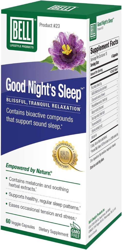 Bell Lifestyle Good Night 's Sleep - Dukungan Tidur Alam dengan Ekstraksi Melonalin dan Herbal, Dukungan Relaxation & Sleep Patterns, 60 Veggie Capsules