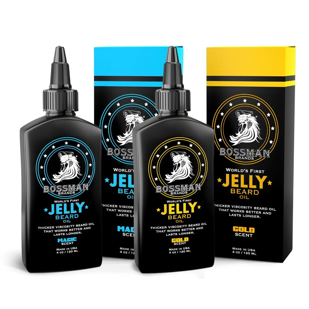 Bossman Beard Oil Jelly Kit (2 Bau) - Beard Growth Softtener, Moisturizer Lotion Gel dengan Ingrediers Natural - Beard Growing Product (Magic & Gold Creents)