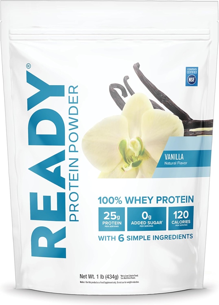Ready ® Protein Powder - 25g Whey Protein, 120 Kalories, 0g Ditambahkan Sugar - 7 Sederhana Ingrediment - Tidak Ada Addivative Artificial - Bebas, Bersih & Alami - Vanilla (1 Pound Bag)