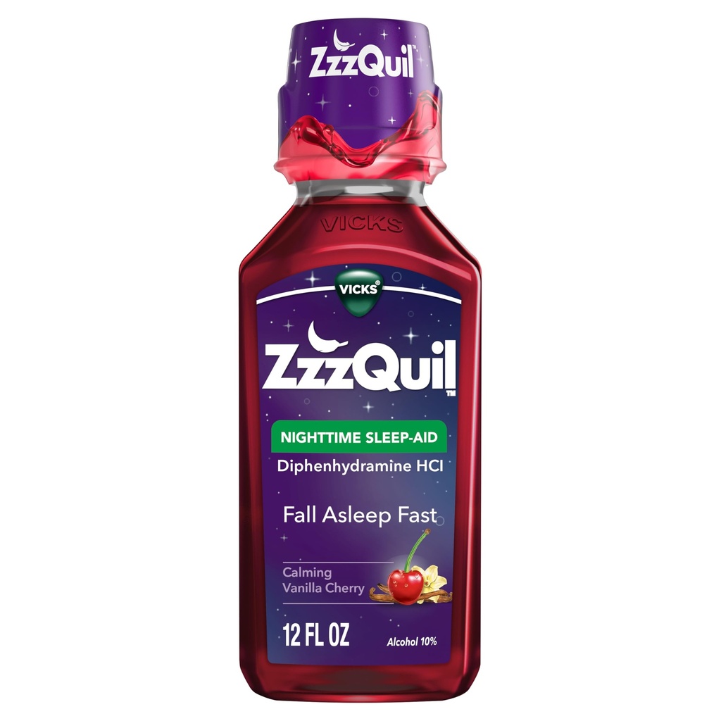 ZzzQuil, Cair Bantuan Tidur Malam, 50 mg Diphenhydramine HCI, No.1 Sleep Aid Brand, Fall Asleep Fast, Non-Habit Forming, Calming Vanilla Cherry, 12 FL OZ