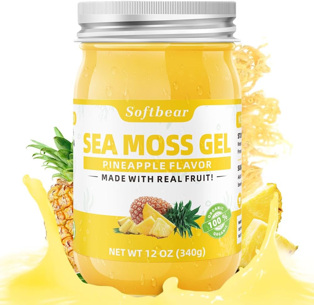 Softbear Sea Moss Gel Pineapple Flavored 12 OZ - Wildmade Irish Moss Gel Organic Raw 92 Mineware dan Vitamins Non-GMO Gluten- Free Vegan Suplemen Imune Thyroid Digetives Support