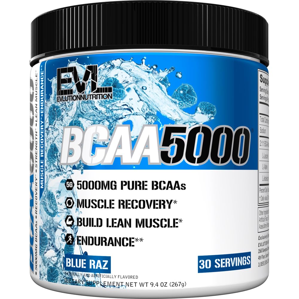Evlution EVL BCAAs Amino Acids Powder - BCAA Powder Post Recout Drink and Stim Free Pre Workout Energy - 5g Branched Chain Amino Accids Suplement for Men-Blue Raz