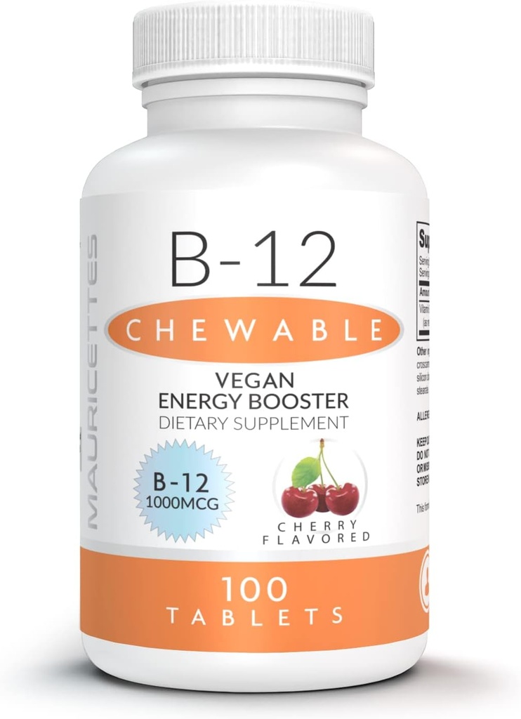 Mauricettes Natural Vitamin B-12 Methylcobalamin 10000mcg - 100 Chewable Cherry Tablet - Sublingual B 12 Sublingual Tambahan Energi - Gelatin Free