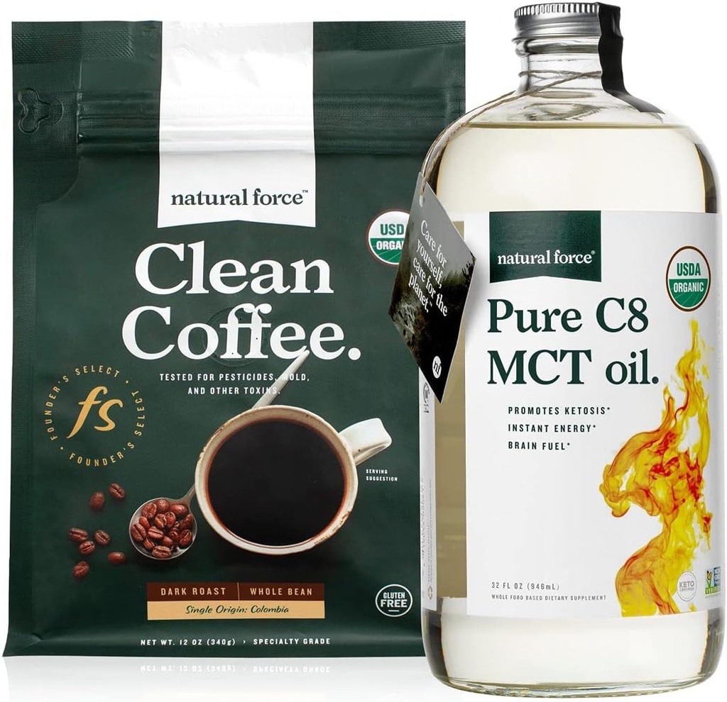 Natural Force Dark Roast Clean Coffee + Organic Pure C8 MCT Oil Bundle - 100% C8 MCTs & Mold & Mycotoxin Free Coffee - Non-GMO, Keto, Paleo, dan Vegan - 12 Oz dan 32 Oz