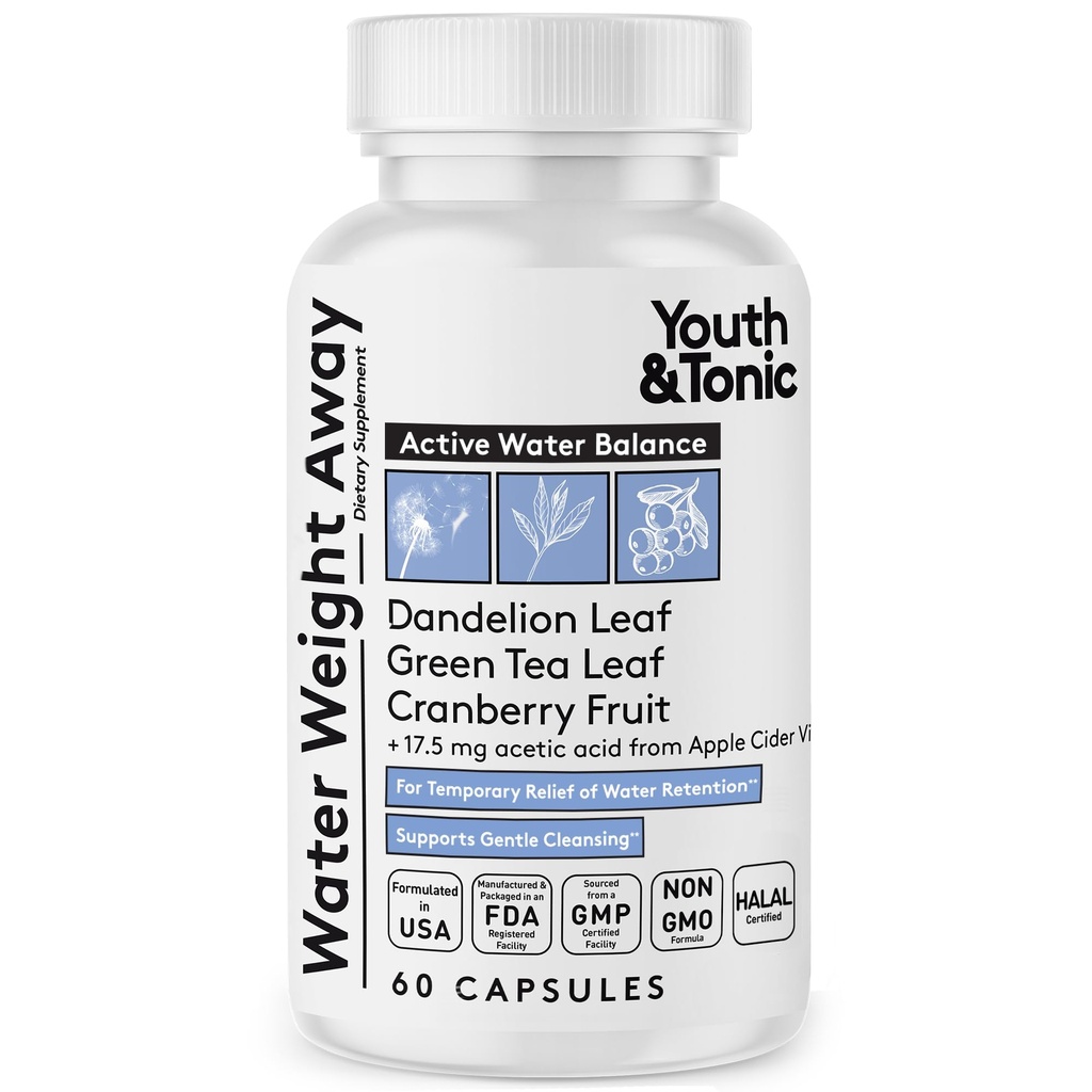 Oye & Tonic Natural Water Wraid Away - Herbal Diuretic Pills for Bloating, Retention & Swelling Dupport for Women & Men - 60 Caps with Dandelion, Potasium, Green Tea Vinegar