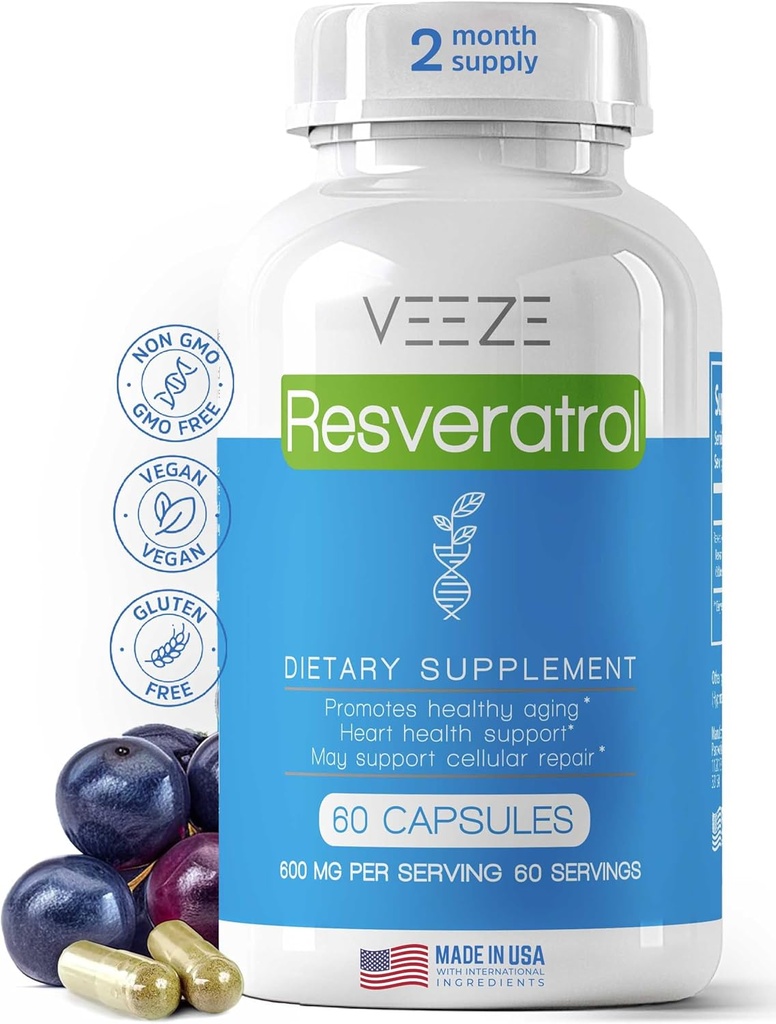 VEEZE Resveratrol Suplemen 600mg 60 Capsules & 60 Layanan - Dibuat di AS Natural & Organic Resveratrol - Kaya dalam Antiokhants & Trans Resveratrol untuk Well- Menjadi Dukungan - Premium Organic Resveratrol