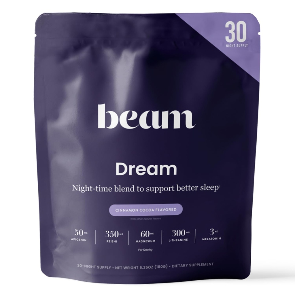 Beam Dream Sleep Powder, L-Theanine, Apigenin, Reishi dan Magnesium, Third Party Tested Natural Sleep Aid & Sleep Suplement for Deep Sleep, Relaxation dan Recovery, Natural Sleep Support, 30 Servis