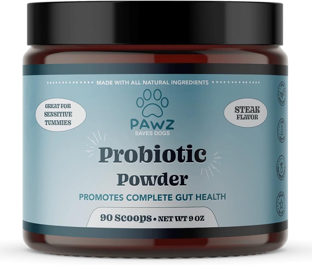 PawZ Probiotic Powder for Dogs - 90 Scoops Steak Flavor - Promotes Gut Health and Ditraffic - Progories Supplemen Dukungan Dogs System & Skin and Coat Health - Sutable for All Types of Dogs