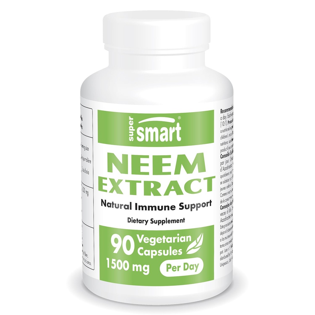 Supersmart - Neem Extract 1500mg per day - Azadirachta Indica Leaf Oil Extract - Neem Suplemen 124; Non-GMO & Gluten Free - 90 Vegetarian Capsules