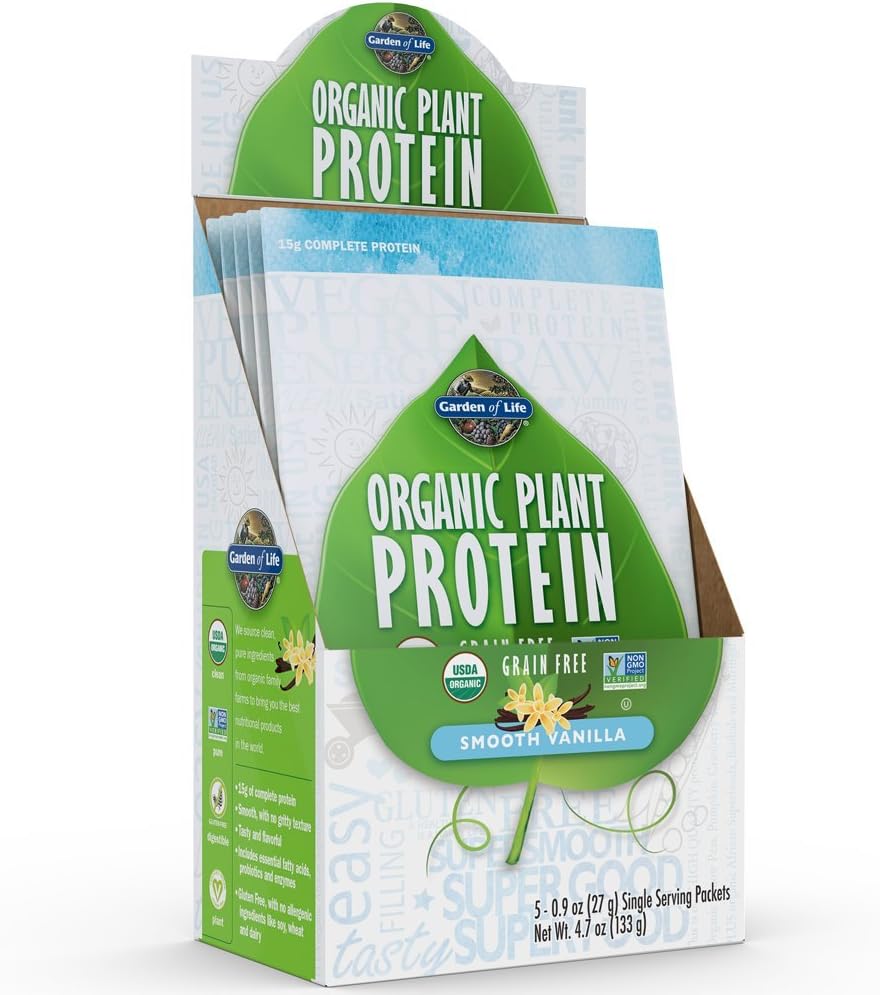 Garden of Life Organic Plant Protein Smooth Vanilla Powder - Satu Paket Serving (5- Pack) - Vegan, Grain Free & Gluten Free Plant Based Protein Shake with 1B CFU Progories & Enzymes, 15g Protein