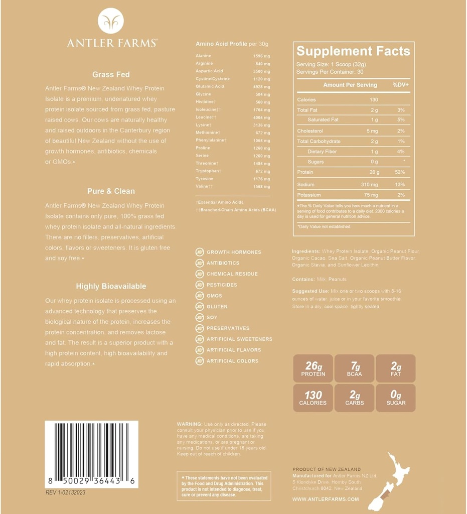 Antler Farms - 100% Grass Fed Selandia Baru Whey Protein Isolasi, Peanut Butter Chocolate Flavor, 2 lbs - Bersih, 7 Ingreations, Cold Processed