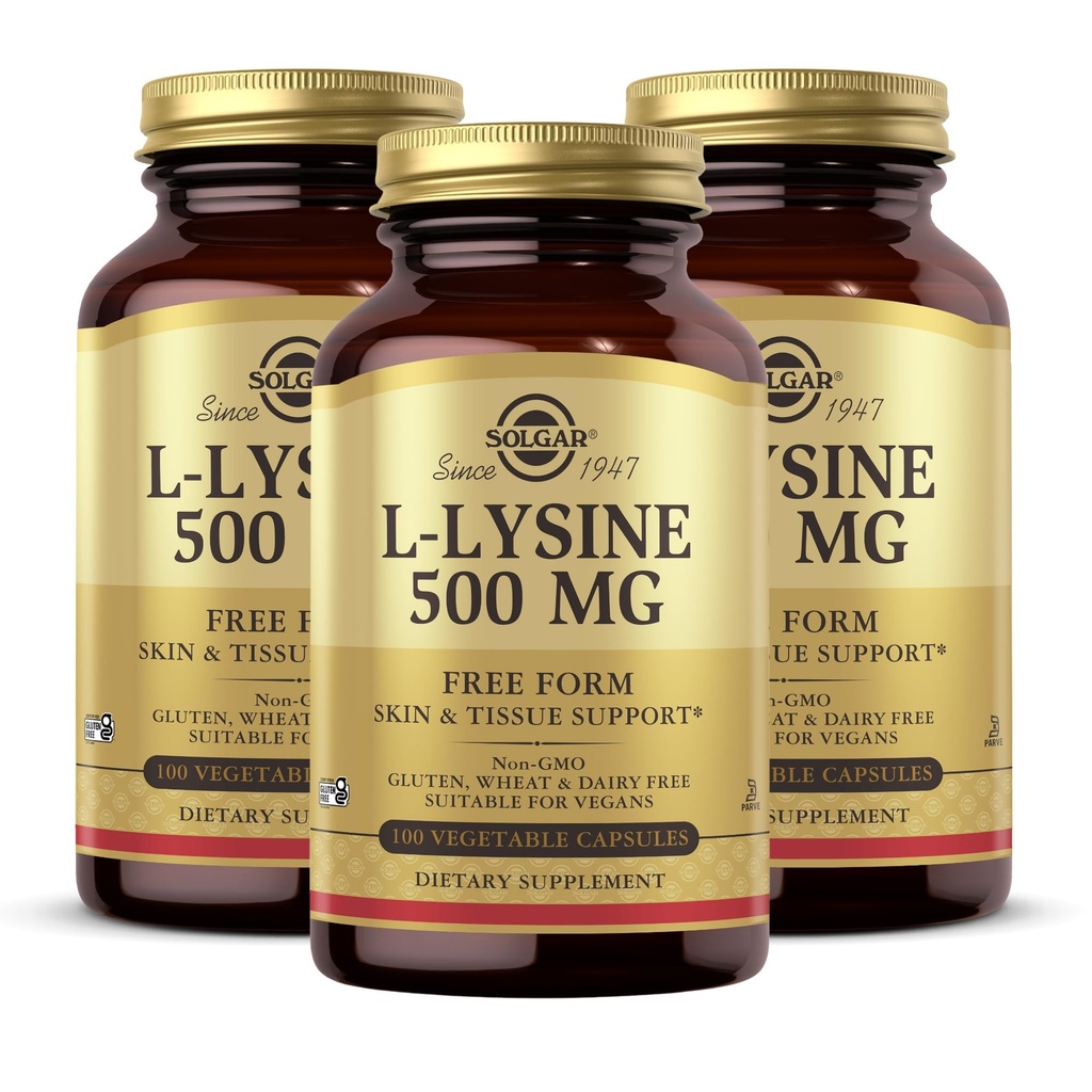 Solgar L-Lysine 500 mg - 100 Vegetable Capsules, Kemas 3 - Skin & Tissuls Dukungan - Non-GMO, Vegan, Kosher, Gluten Free - 300 Total Servings