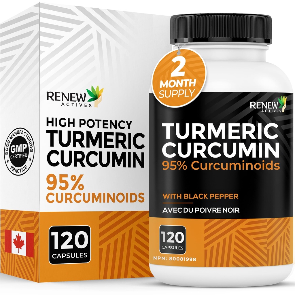 Renew Actives Turmeric Curcumin dengan Black Pepper - 600MG Turmeric Root, 100MG Curcuminoids per 2 Kapsul - Mendukung Divalry, Kesehatan Liver, Relief Gabungan & Mobiles - dibuat di Kanada - 120 Kapsul