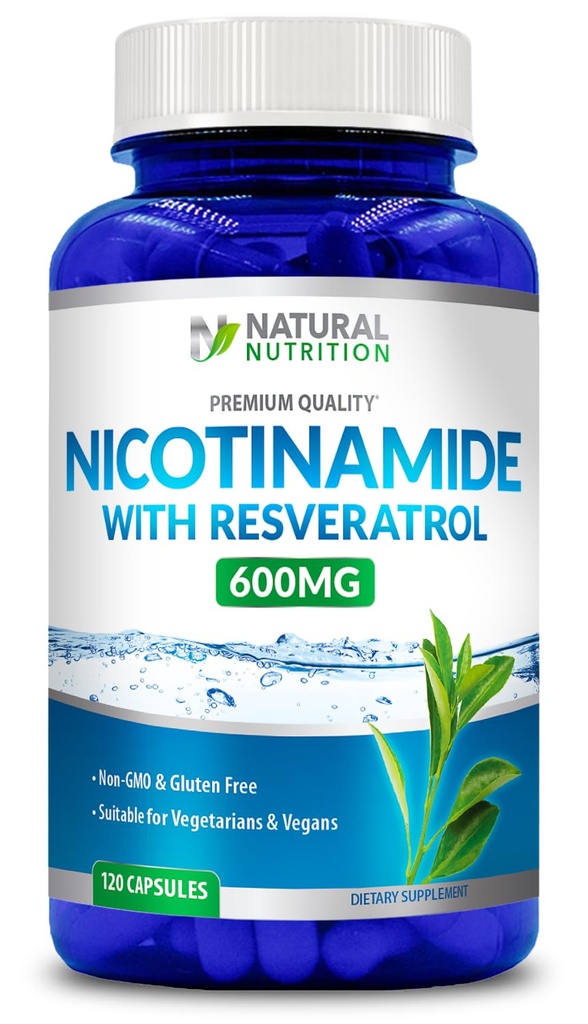 Generik Natural Vitamin Nicotinamide dengan Resveratrol 600mg (Vitamin B-3) 120 Vevgie Capsules Gluten Bebas & Non- GMO