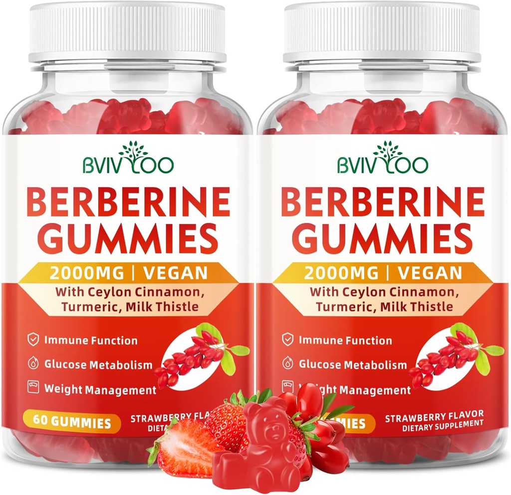 2 Packs Berberine Gummies, Sugar Free 2000mg High Potency Berberine HCI Suplemen, Plus Ceylon Cinnamon, Milk Thistle for Women & Men, Immune System & Metabolisme Dukungan - 120 Gummies