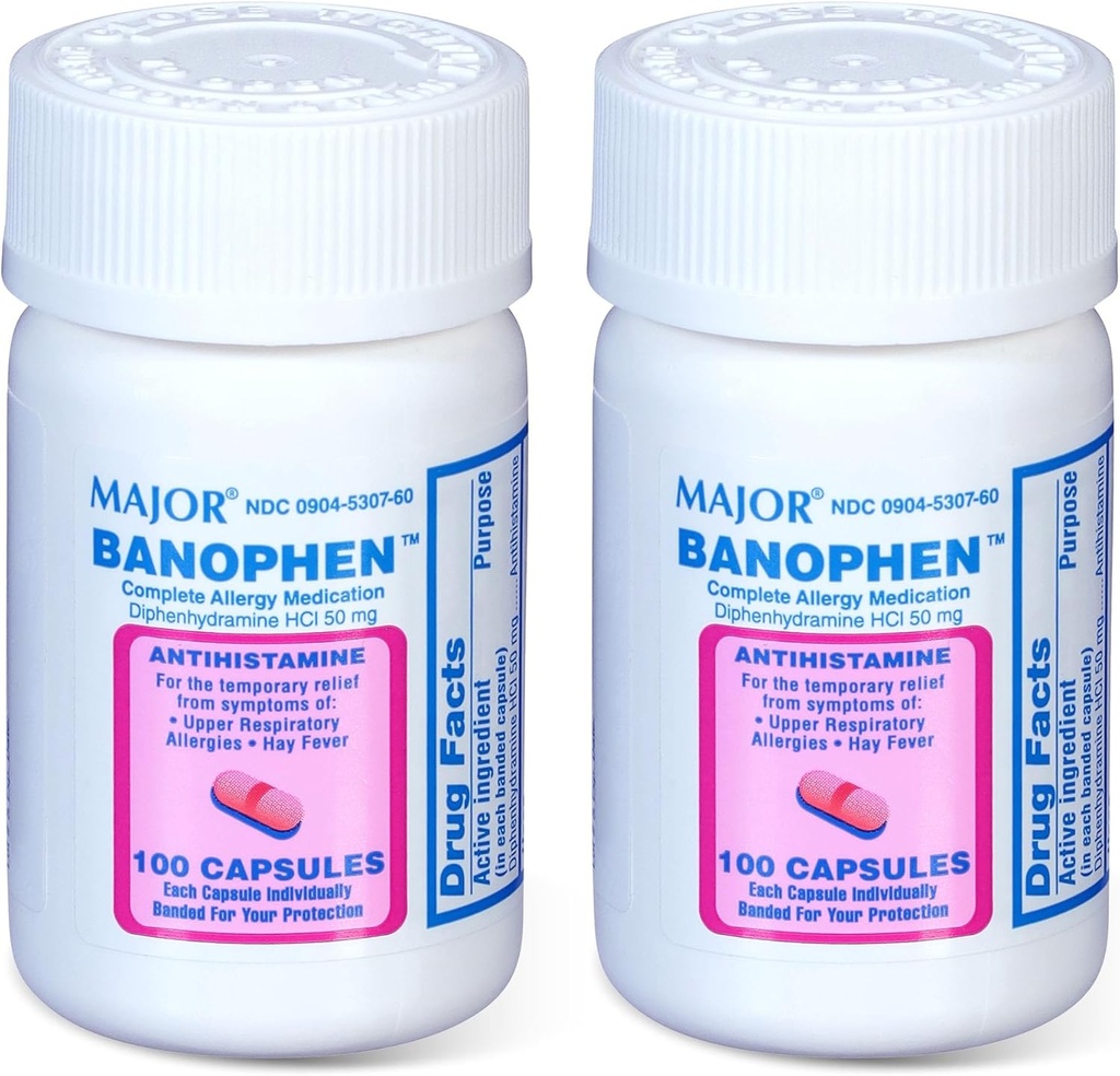 MAJOR Banohpen - Pengobatan Alergi Lengkap - Diphenhydramine HCI 50 mg - Antihistamin - 100 Capsules (2 Pack)