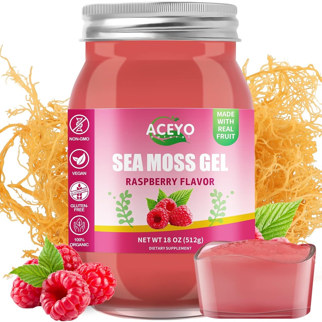 ACEYO (18 OZ) Irish Moss Gel Organic Raw Vegan Raspberry Flavor 102 Vitamin dan Minestray Wild Harowed None-GMO Ammune Defense Booster Thyroid Digetsy Support