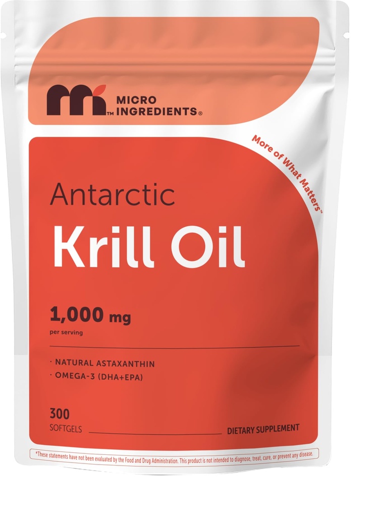 Mikro Ingrediens Antartika Krill Oil Suplemen, 100mg Per Serving, 300 Soft- Gels, Rich in Omega- 3s EPA, DHA & Natural Astaxanthin, Menyediakan Imune System & Brain Health, Easy to Swallow
