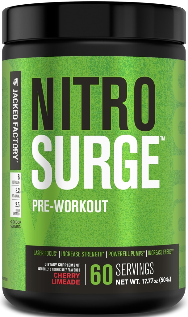 Jacked Factory NITROSURGE Pre Workout Supplemen - Endless Energy, Instant Power Gains, Clear Focus, Intense Pumps - NO Booster & Powerful Pretraining Energy Quoder - 60, Cherry Limeade