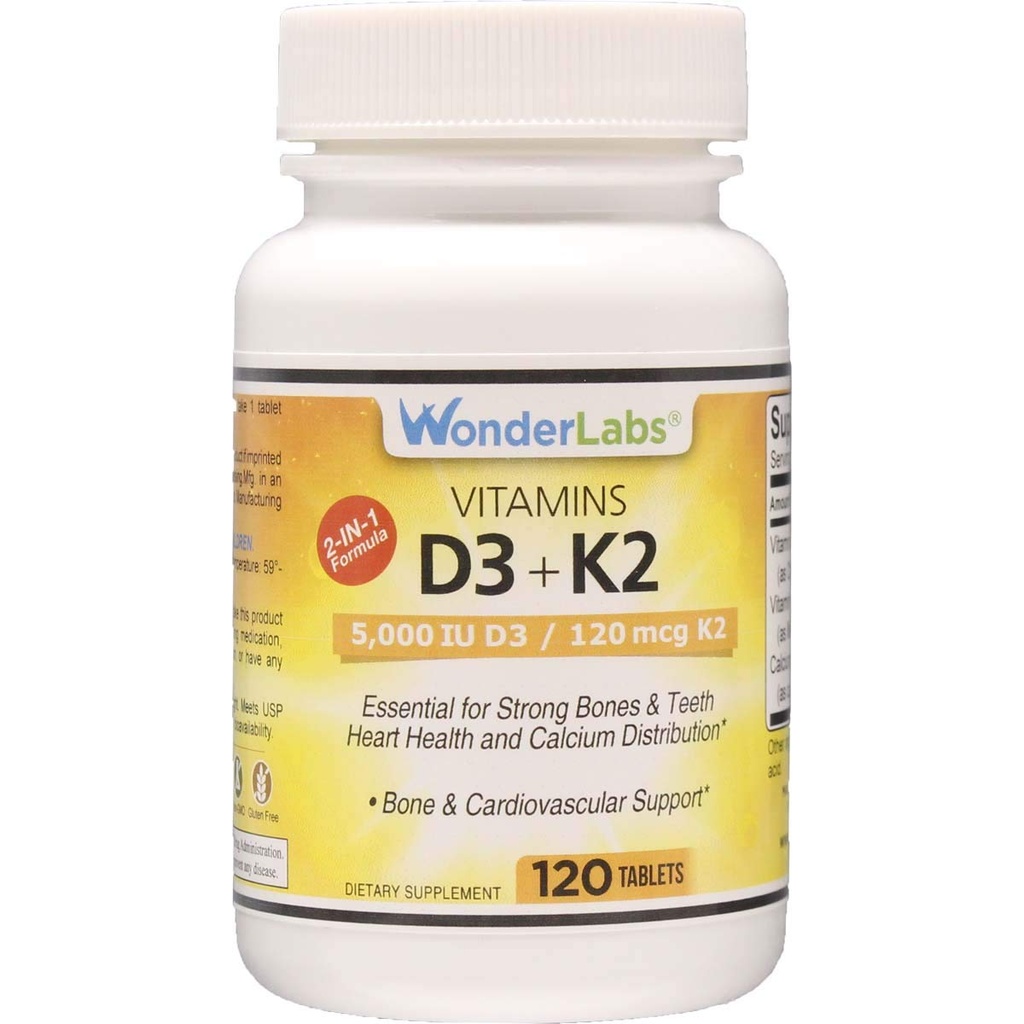 Lab Wonder Vitamin D 5.000 IU, Vitamin D3 + K2 Dukung Sistem Imune Sehat, Esculity for Strong Bones, Heart Health, and Calcium Dstribution, 120 Tablet