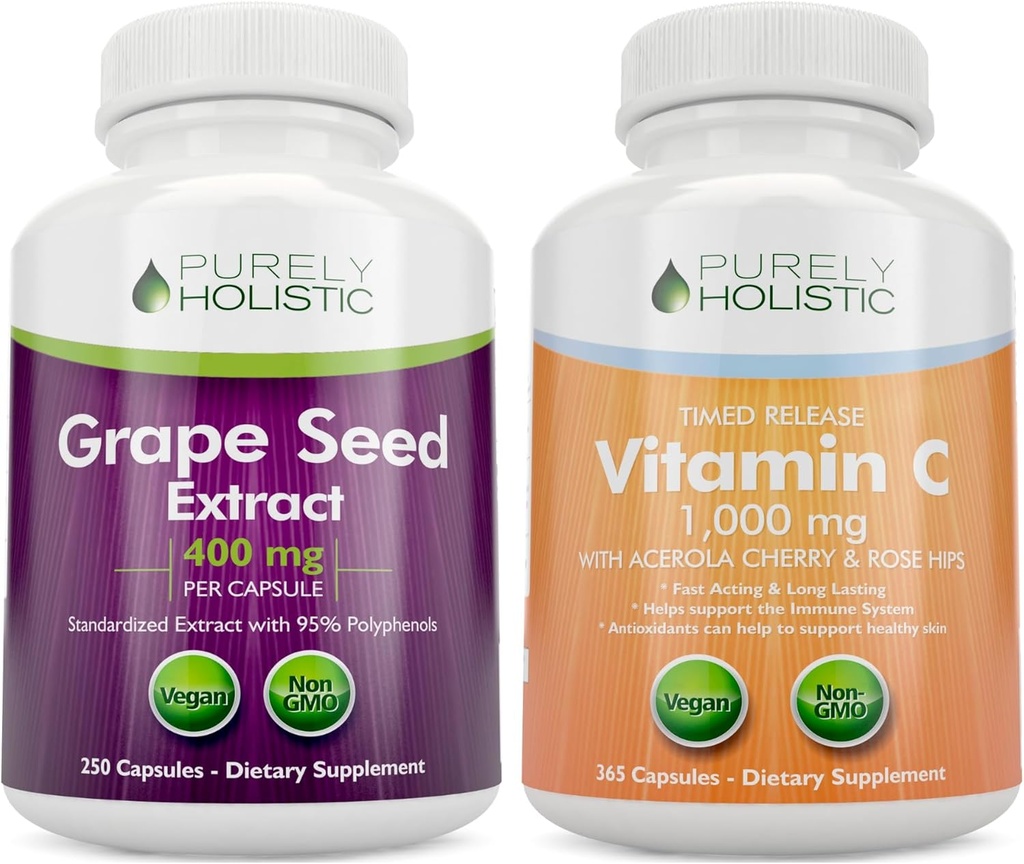 Purely Holistic Grape Extract 400mg + Vitamin C 10000mg Time Release Bundle - 615 Vegan Capsules - Dibuat di USA