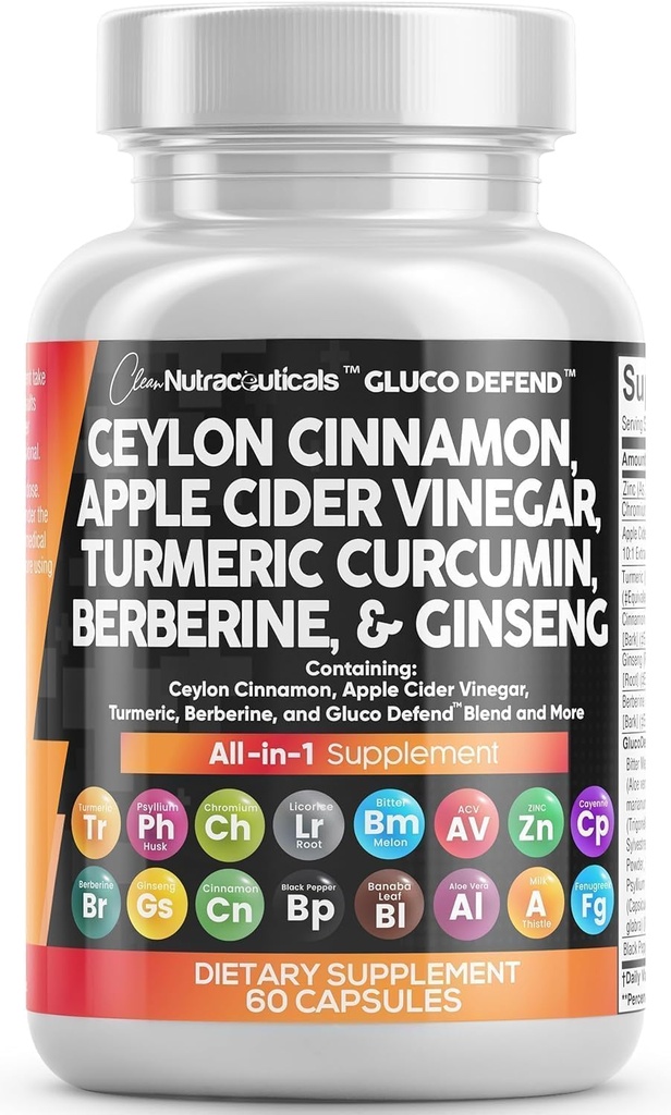 Bersihkan Nutraceuticals Ceylon Cinnamon Capsules + Berberine Turmeric Apple Cider Vinegar Ginseng Bitter Melon Gymnema Milk Thistle Fenugreek Pasporder untuk Pria & Perempuan