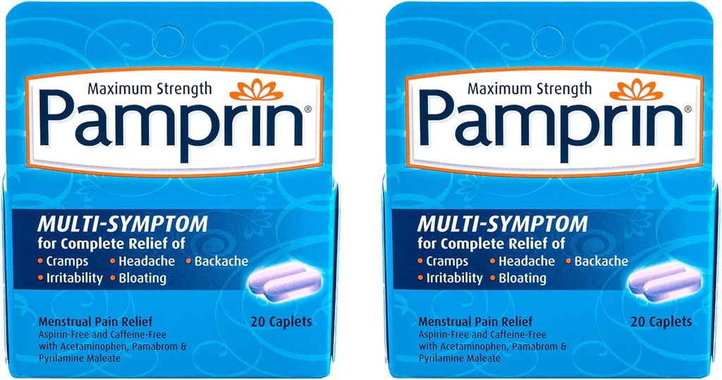 Pamprin Multi- Symptom Formula, dengan Acetaminophen, Menstrual Periode Relief Termasuk Cramps, Pain, Irritability dan Bloating, 20 Caplets (Paket 2)
