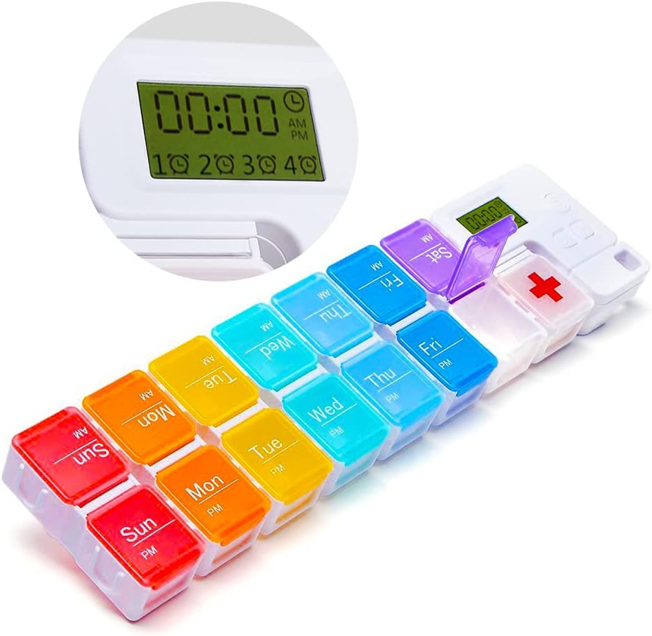 7 Day Medicine Pill Organizer, 4 Reminder Alarms, Loud Sound, 14 Kompartemen Besar, Layar Besar, Moisture- Bukti, Perjalanan Kotak Pil Weekly / Daily