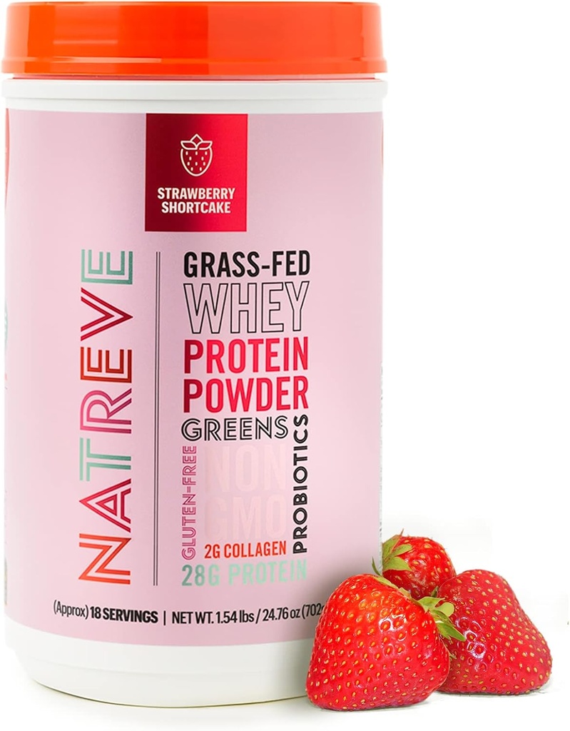 Natreve Whey Protein Powder - 28g Grass- Fed Whey Protein dengan Acids Acids Amino, Propiel & Collagen - Gluten Free Strawberry Shortcake, 18 Servings