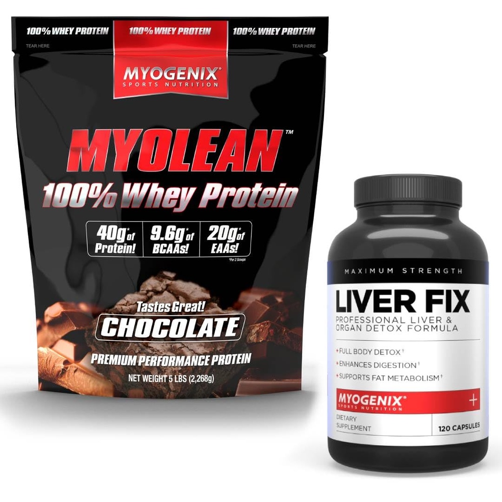 Myogenix Liver Supplemen Dukungan & Myolean Chocolate Whey Protein - Advanced Liver Health & Muscle Recovery dengan 40g High- Protein - Dukung Detox, Growth & Performance