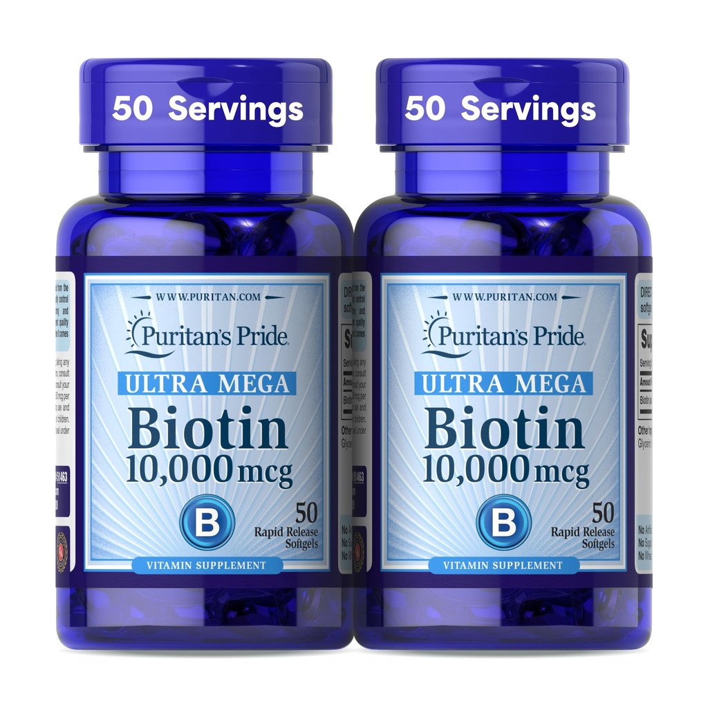 Puritan 's Pride Premium Ultra Biotin 10,000mcg, Dietary Suplement for Healthy Hair, Skin, Nails, and Energy Metabolism Dukung, 100 Day Supply, 50 Rapid Rapid Refgels, 2 Pack