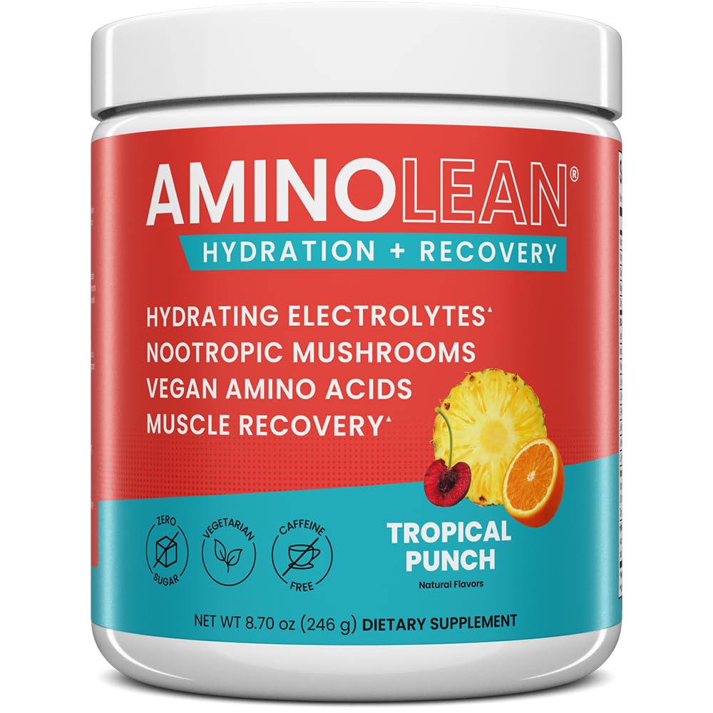 AminoLean Hydrating Electrolite Powder and Recovery Drinder with Sea Mineal, Nootropic Mushroom, and Vegan Amino Acids, BCAAs + EAAS for Post Workout Muscle Building, Tropical Punch