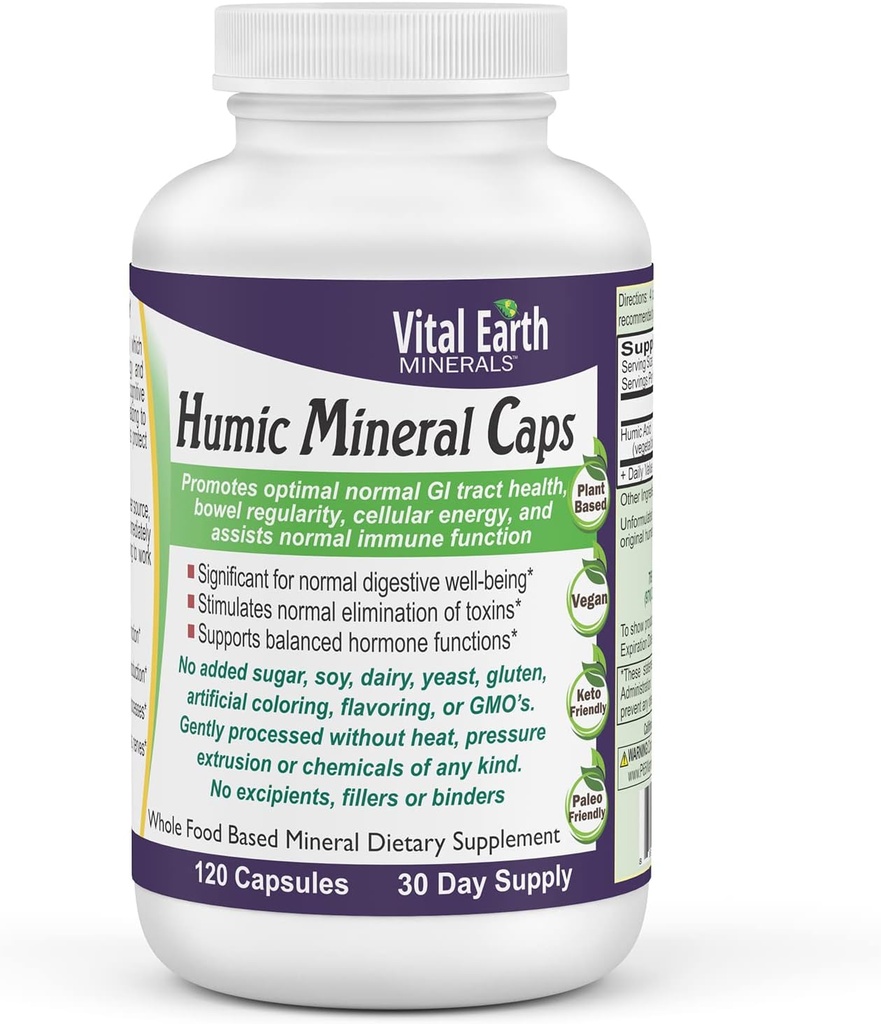 Vital Earth Mineral Mineral Capsules - 70 + Trace Minements with Acirring Acid Fulvic, Alkalying Mineral Suplemen Detox, Gut Health, Wellness, 120 Count