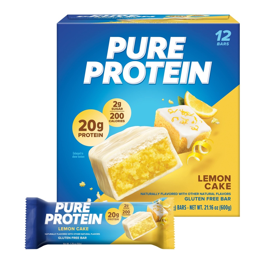 Murni Protein Bars, Protein Tinggi, Makanan Nutrisi untuk Mendukung Energi, Gula Rendah, Kue Lemon, 1.76 oz, 12 Cacah (Paket 1) (Packing May Vary)