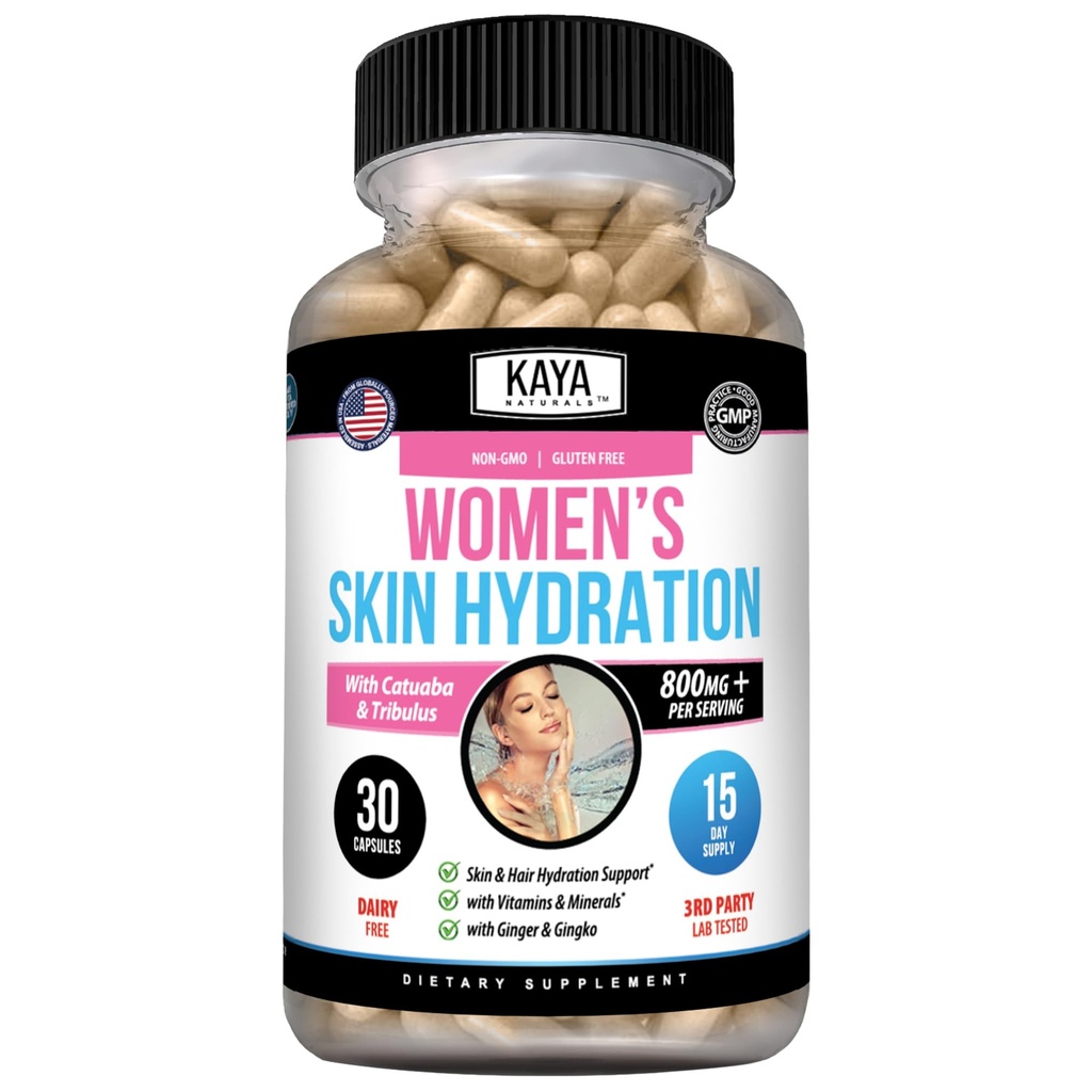 Kaya Ambassals Skin Hydration Vitamin - Pill Wanita - Skin Enhancer Capsules - Hydration Booster untuk Perempuan - Promoses Increased Energy, Mood & Stahina - Reduksi dalam Dryness - 30 Vevgie Capsules