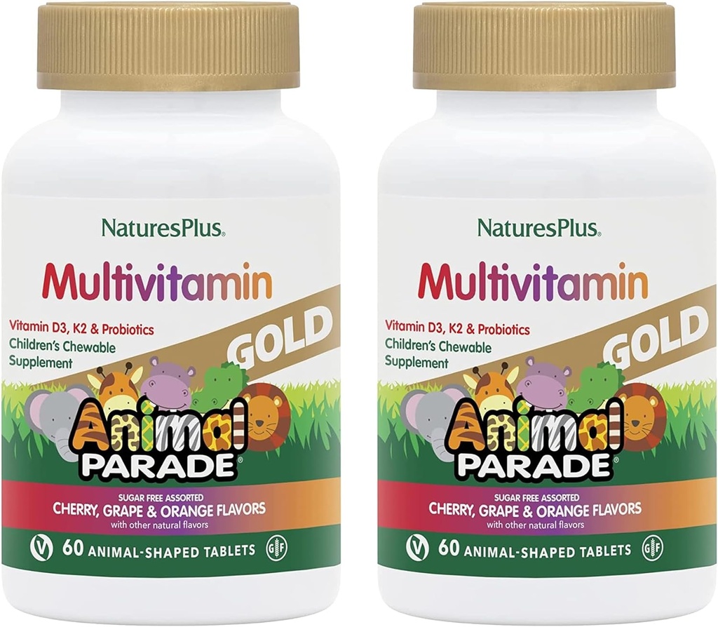 NaturesPlus Animal Parade Gold Children 's Multivitamin - Asported Cherry, Orange & Grape Flavors - 60 Chewable Tablet, Paket 2 - Vegetarian, Gluten Free - 60 Total Servis