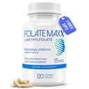FolteMaxx L-Methylfolat 15mg, 120 Capsules - Dokter Formulated Methyl Flile Suplemen untuk Perempuan & Men - Potensi Tinggi 5-MTHF untuk Energi, Mood & Focus - Non-GMO, Gluten-Free (Supply 4 Bulan)