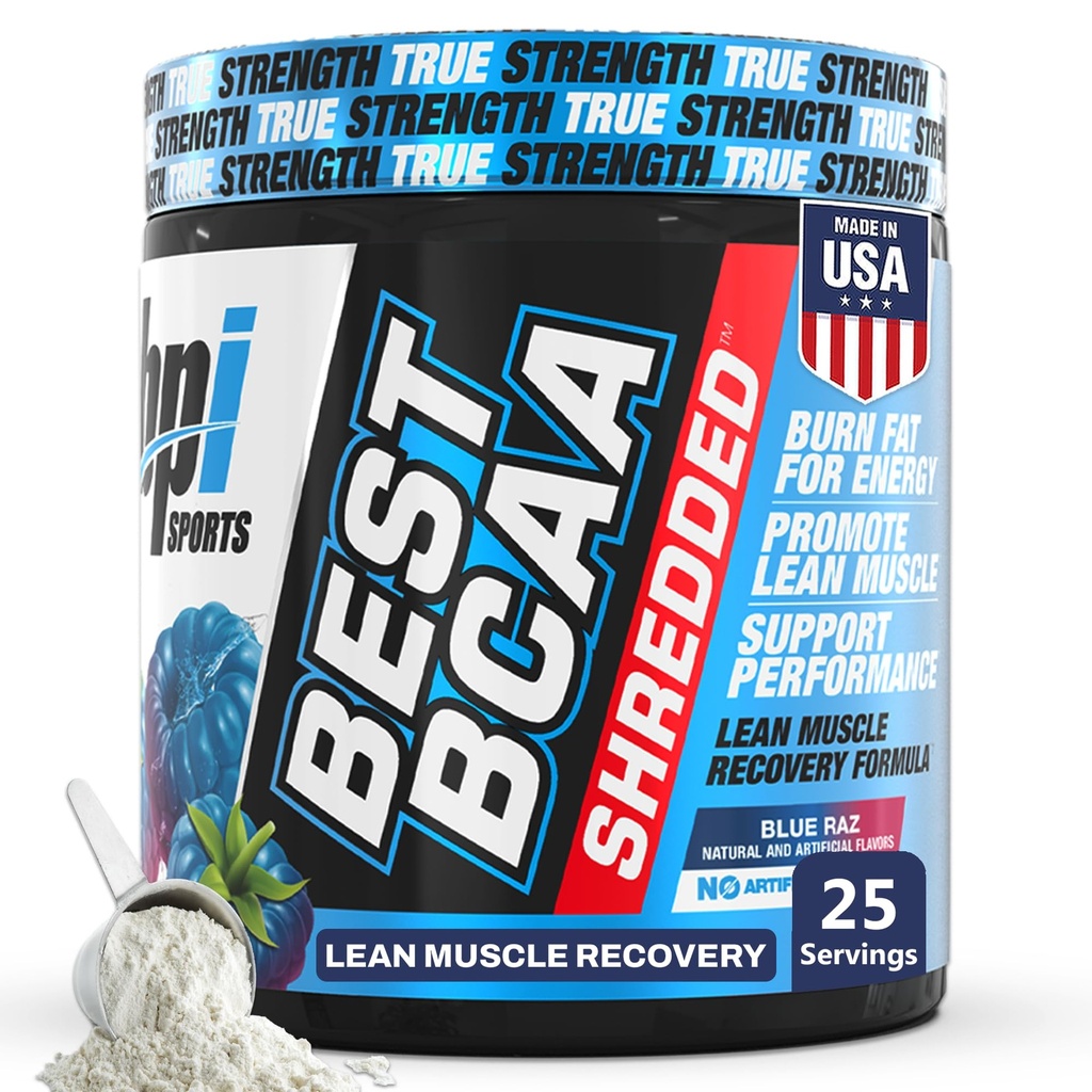 BPI Sports Best BCAA Shreded - Caffeine Free Thermogenic Recovery Dine, Lean Muscle Building BCAA Powder for Women, Pretraining BCAas Acids Drink - Blue Raz - 25 Servis