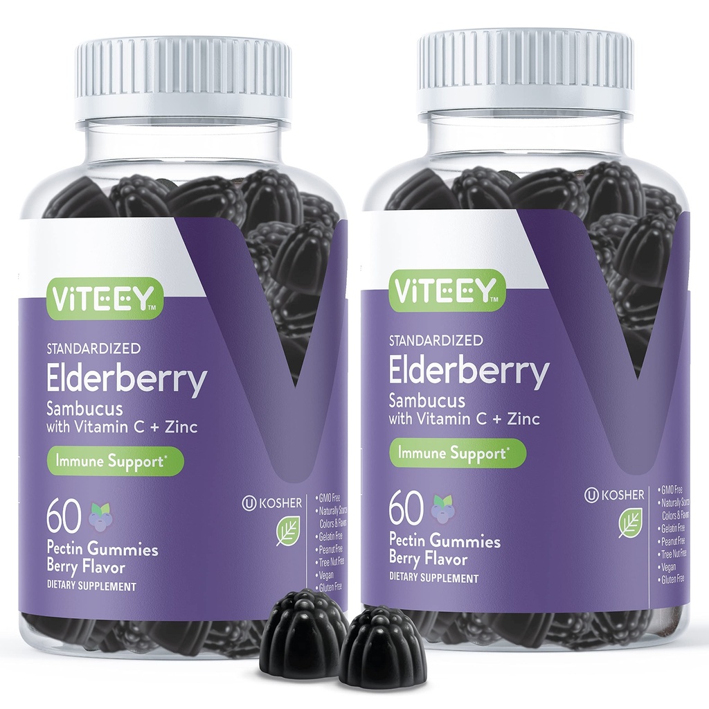 Viteey Sambucus Elderberry Gummies for Adults - Elderberry Vitamin C dan Zinc Immunity Gummies - Vegan, Gluten- Free - 120 Count