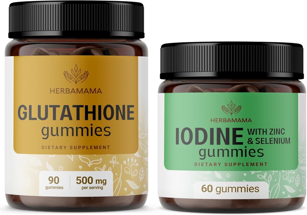HERBAMAMA Glutathione and Iodin Kit - Bundle of 500 mg Reduced L- Glutathione & Potasium Iodine Gummies - Vegan, Non- GMO, Glatin- Free - 2 Pack