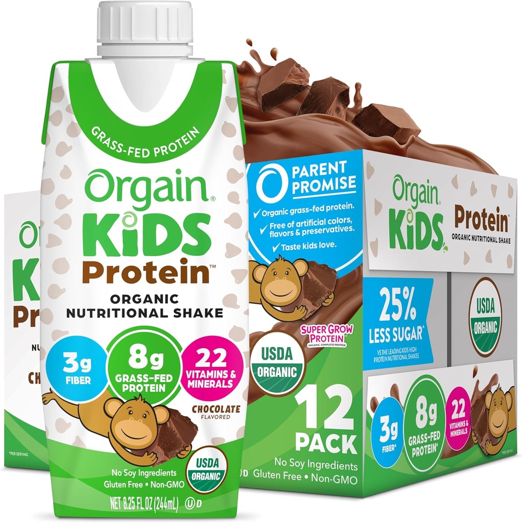 Orgain Organic Kids Protein Nutronation Shake, Chocolate - 8g Protein, 22 Vitamin & Minemins, Fruits & Vegetable, Gluten Free, Soy Free, Non-GMO, 8.25 Fl Oz (Pack 12)