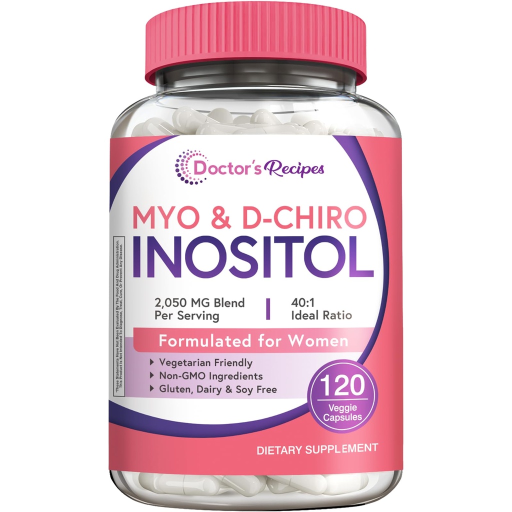 Dokter 's Recipes Inositol Suplemen, Myo- Inositol & D- Chiro Inositol Capsules 2050mg per Serving, Ideal 40: 1 Blend, Hormone Saldo for Women, Ovarian Fungsi & Fertilitas Dukungan, 120 Pogan Caps