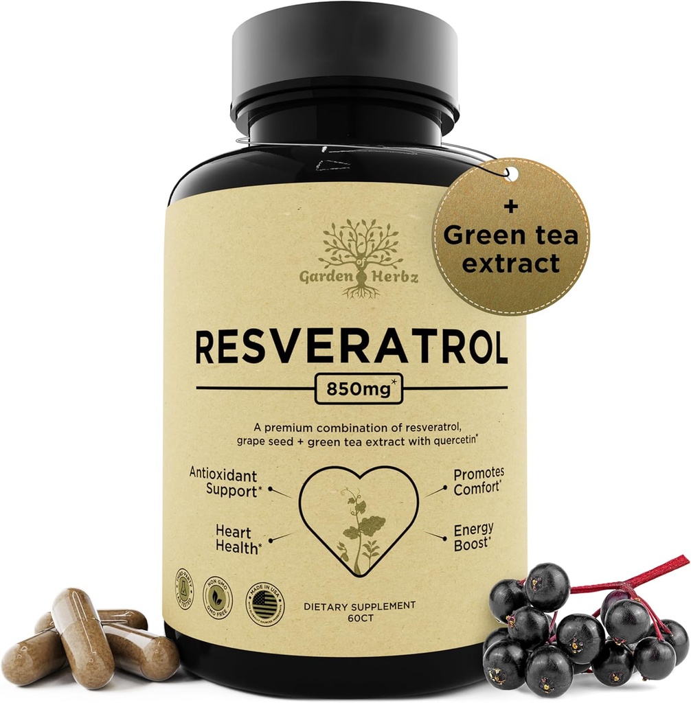Suplemen Resveratrol dengan Quercetin & Grape Benih - 850mg Herbal Blend, Potency Polyphenols & Antioksidants untuk Jenderal Wellness, 60 Vegan Capsules