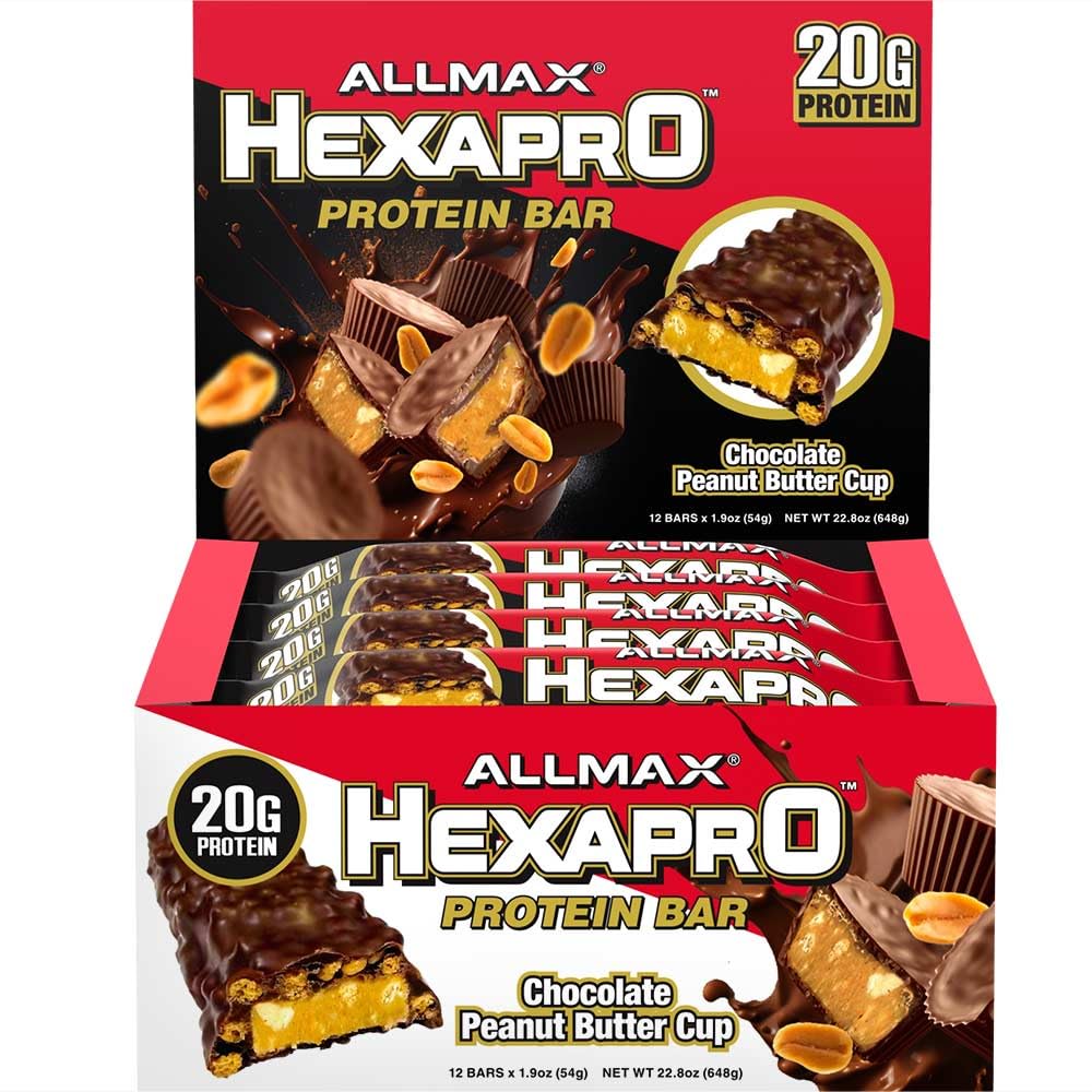 PROTEIN ALLMAX HEXAPRO, Chocolate Peanut Butter Cup - Sebungkus 12 - Tinggi Protein Snack - 20 g Protein Per Bar - Dengan Whoy Protein Isolate