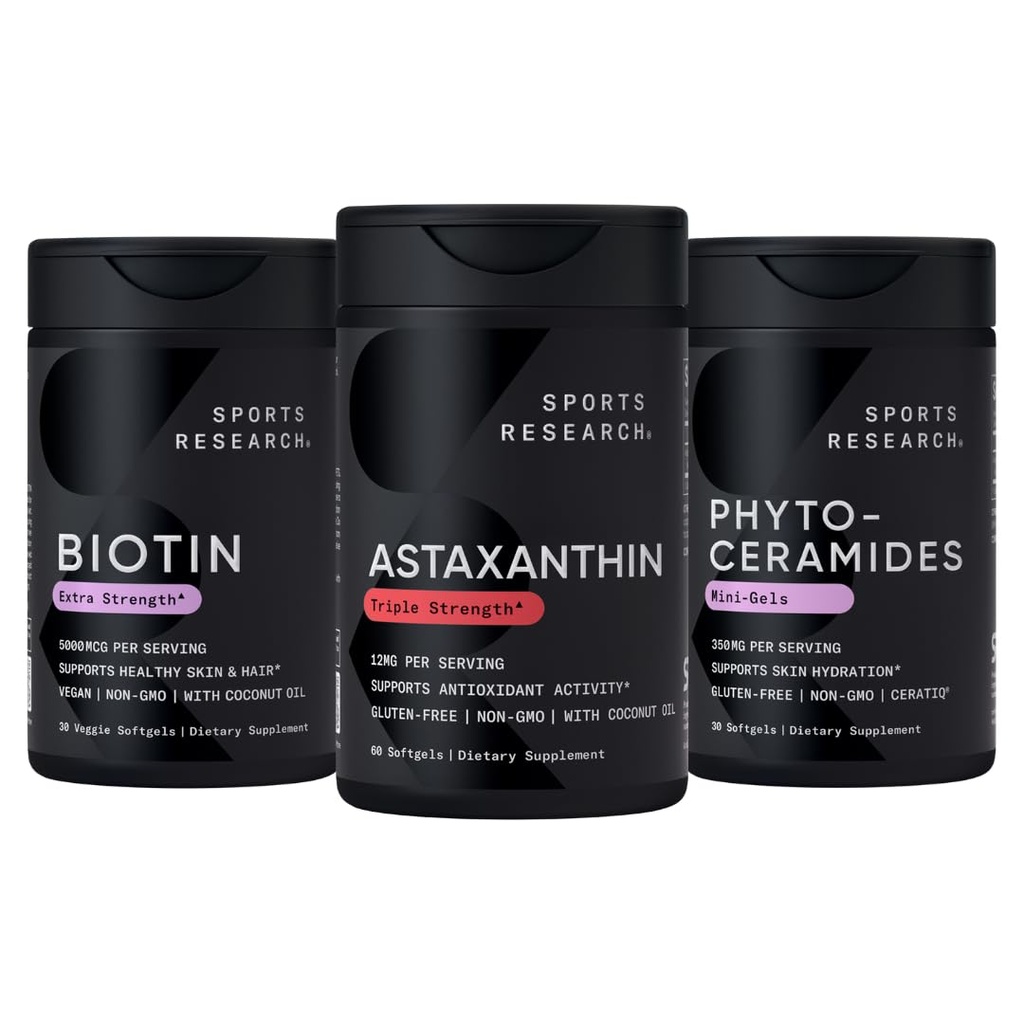 Penelitian Olahraga ® Sehat Skin dan Rambut Dukungan - Vegan Biotin 10.000mcg dengan Coconut Oil, Triple Power Astaxanthin 12mg, dan Phytoceramides 350mg per Softgel