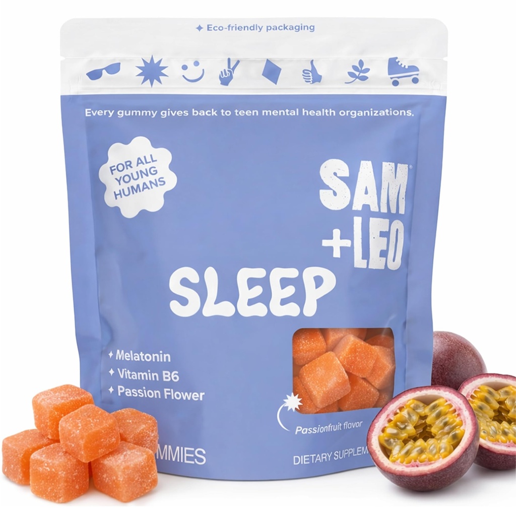 SAM + LEO Sleep Gummies for Kids & Teens with Melonatinin, Passion Flower & Vitamin B6 - Sleep Aid Gummies for Restful Slever 124; Natural, Drug Free, Vegan & Gluten Free, Passion Fruit Flavor (60)
