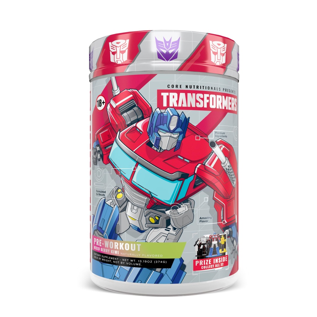 Transformator Core Nutronionals Energon Pre Workout 124; 300mg Paraxanthy 124; No Crash Energy & Focus 124; Free Prize Inside - Optimus Prime 124; 20 Servings (Mixed Berry Kiwi)
