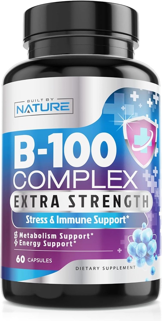 Vitamin B Kompleks - Semua B Vitamin B1, B2, B5, B5, B6, B7, B9, B12, Acid Folic C - Super B-100 Tambahan - Imune, Energi & Metabolisme Dukungan, Vegan, Non-GMO, Gluten Bebas, 60 Kapsul