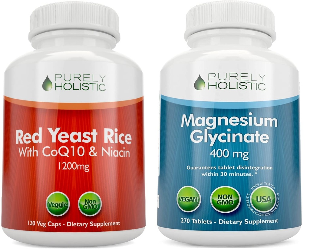 Murni Holistik Rice Merah Yeast 1200 mg dengan CoQ10 & Niasin + Magnesium Glycinate 400mg - 120 Capsules + 270 Tablet - dibuat di USA